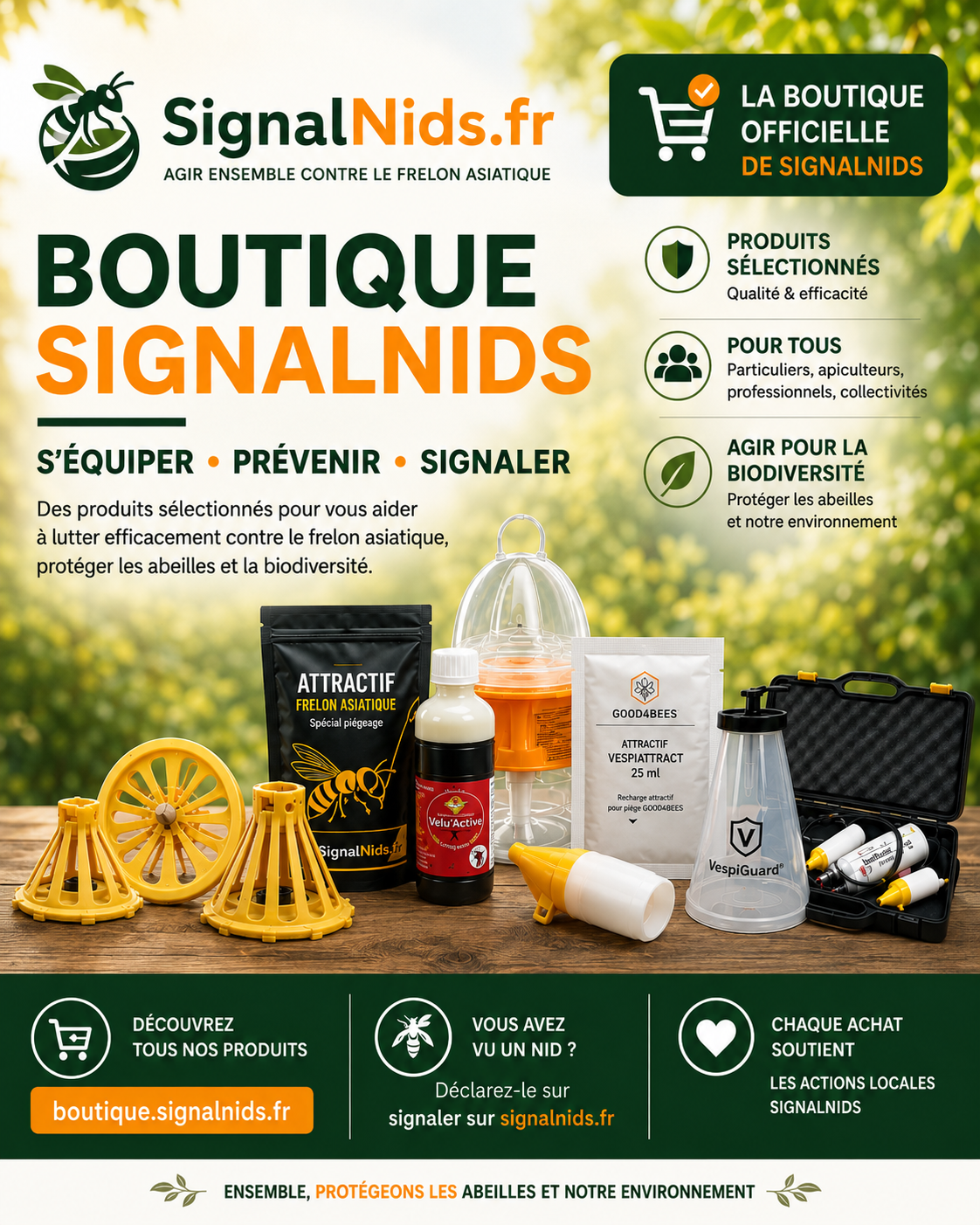 Boutique SignalNids : pièges, attractifs et accessoires contre le frelon asiatique